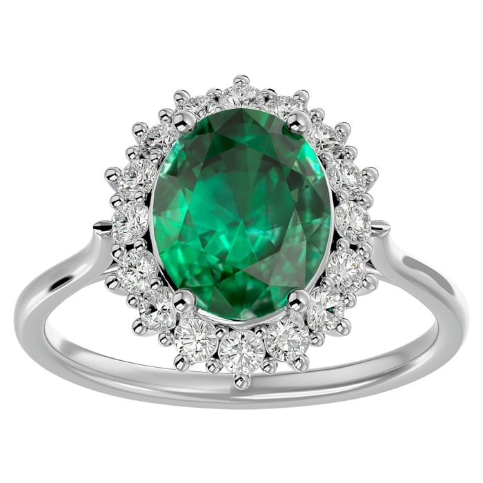 2 3/4 Carat Oval Shape Emerald and Halo Diamond Ring In 14 Karat White Gold