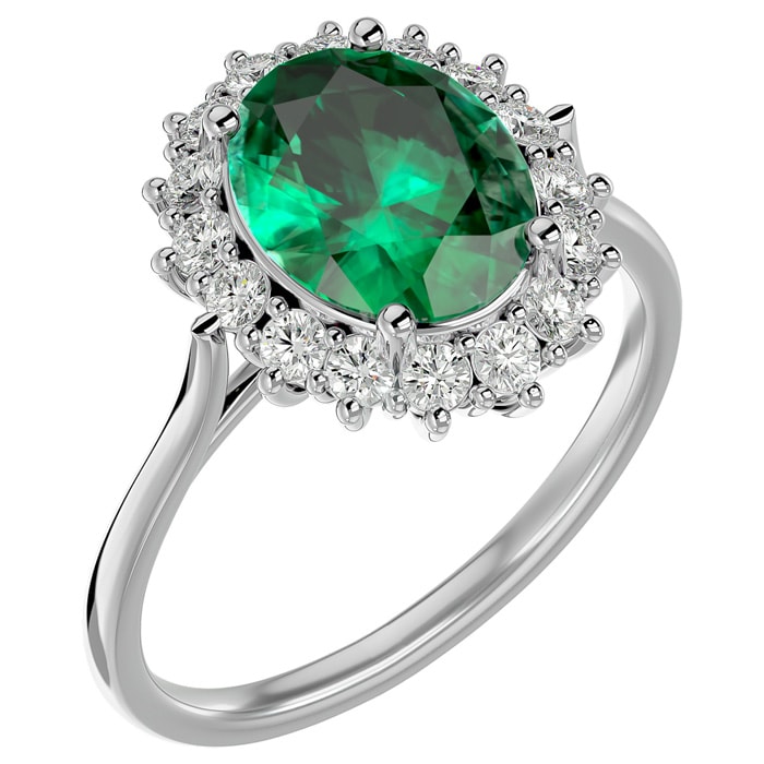 2 3/4 Carat Oval Shape Emerald and Halo Diamond Ring In 14 Karat White Gold
