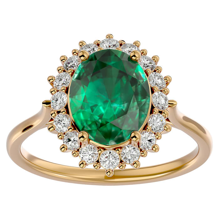 2 3/4 Carat Oval Shape Emerald and Halo Diamond Ring In 14 Karat Yellow Gold