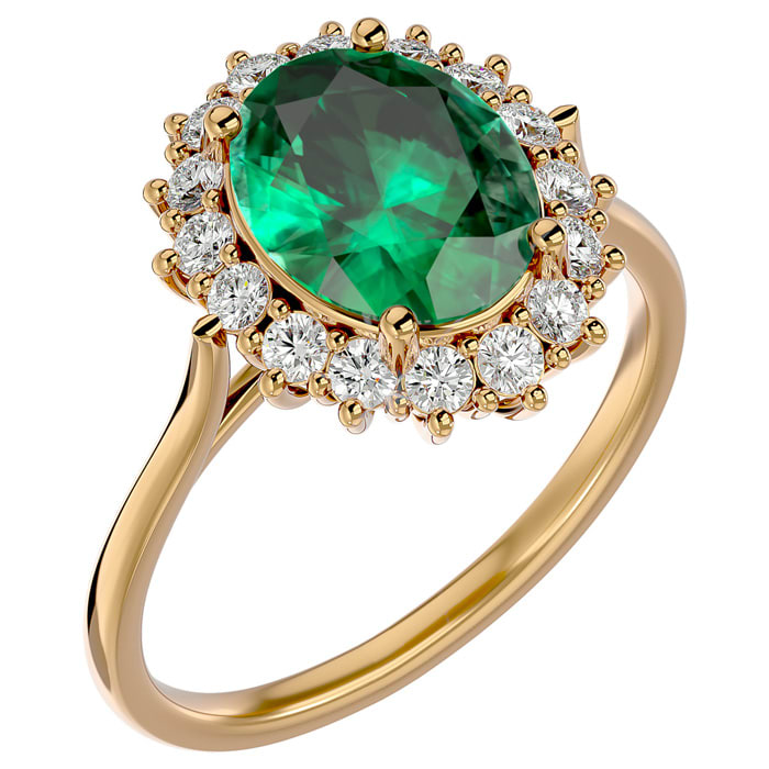 2 3/4 Carat Oval Shape Emerald and Halo Diamond Ring In 14 Karat Yellow Gold