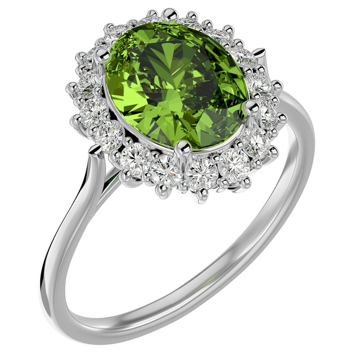 3 Carat Oval Shape Peridot and Halo Diamond Ring In 14 Karat White Gold