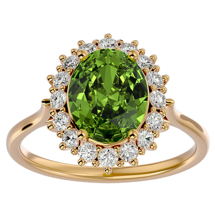 3 Carat Oval Shape Peridot and Halo Diamond Ring In 14 Karat Yellow Gold