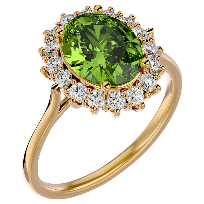 3 Carat Oval Shape Peridot and Halo Diamond Ring In 14 Karat Yellow Gold