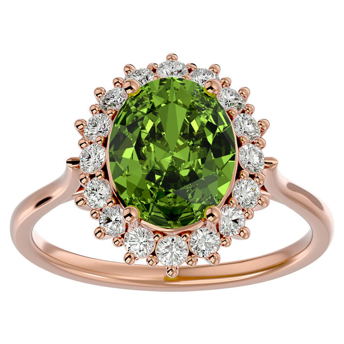 3 Carat Oval Shape Peridot Halo 16 Diamond Ring in 14K Rose Gold 4.25 g by SuperJeweler