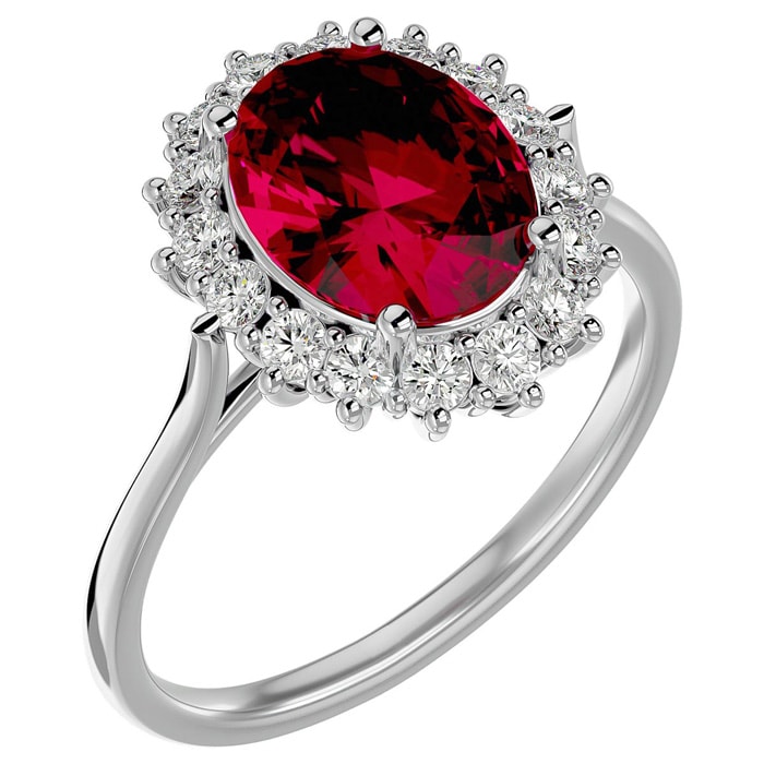 3.60 Carat Oval Shape Ruby and Halo Diamond Ring In 14 Karat White Gold