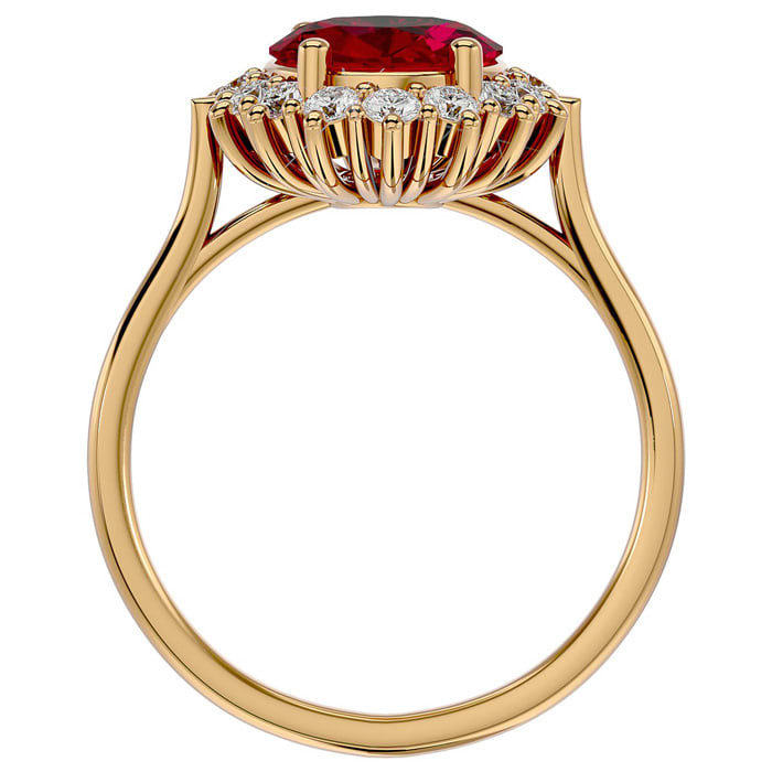 3.60 Carat Oval Shape Ruby and Halo Diamond Ring In 14 Karat Yellow Gold