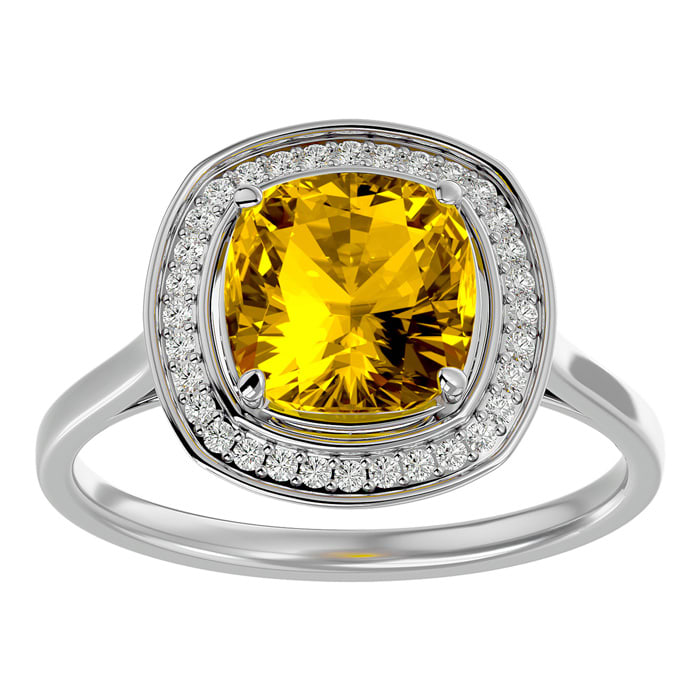 2 1/4 Carat Cushion Cut Citrine and Halo Diamond Ring In 14K White Gold