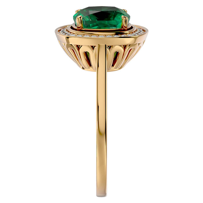 2 1/4 Carat Cushion Cut Emerald and Halo Diamond Ring In 14K Yellow Gold