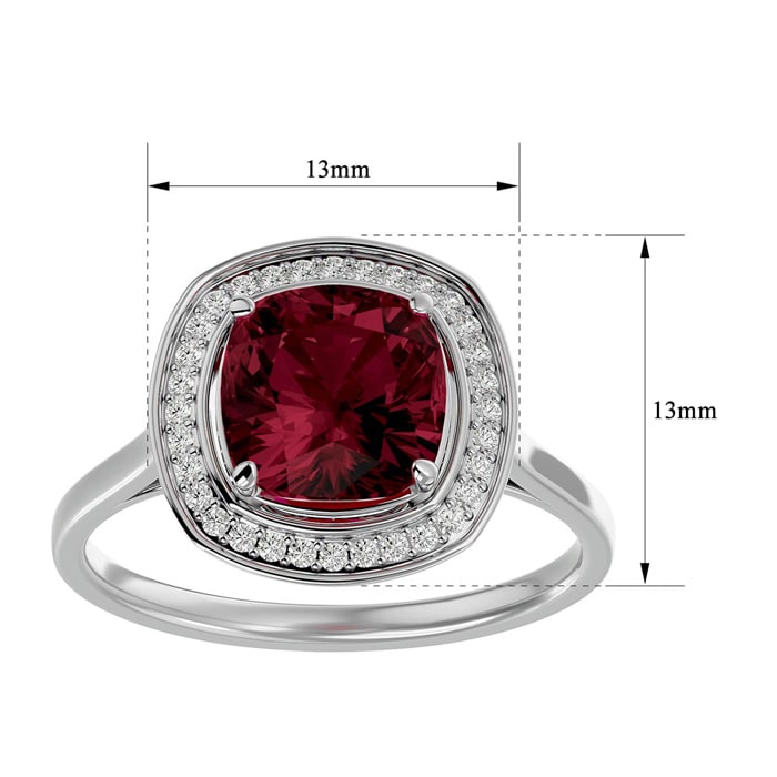 Garnet Ring: Garnet Jewelry: 3 1/4 Carat Cushion Cut Garnet and Halo Diamond Ring In 14K White Gold