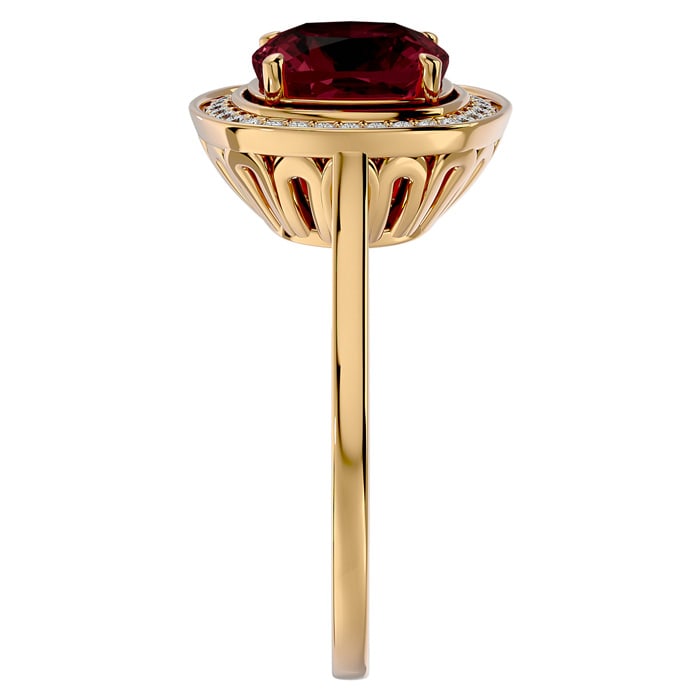 Garnet Ring: Garnet Jewelry: 3 1/4 Carat Cushion Cut Garnet and Halo Diamond Ring In 14K Yellow Gold