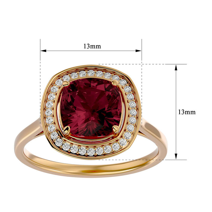 Garnet Ring: Garnet Jewelry: 3 1/4 Carat Cushion Cut Garnet and Halo Diamond Ring In 14K Yellow Gold
