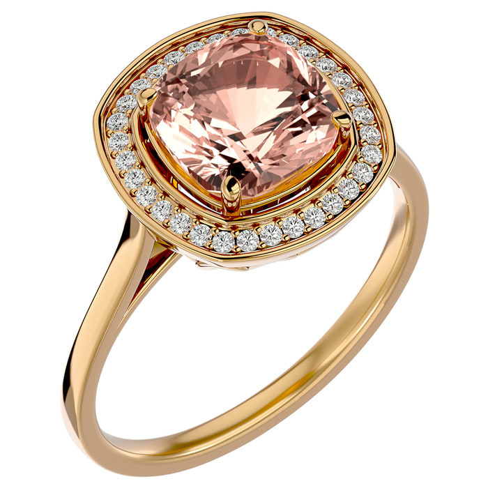 3-1/4 Carat Cushion Cut Morganite and Halo Diamond Ring In 14K Yellow Gold
