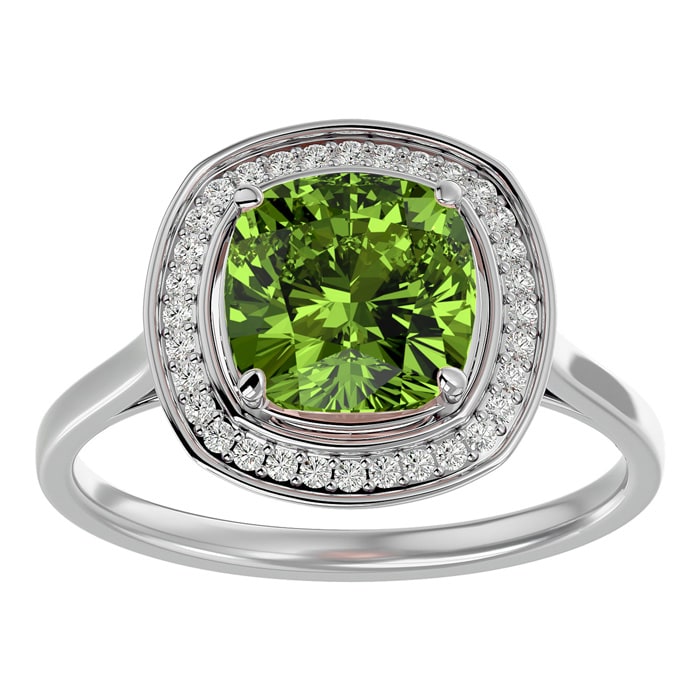 2 3/4 Carat Cushion Cut Peridot and Halo Diamond Ring In 14K White Gold