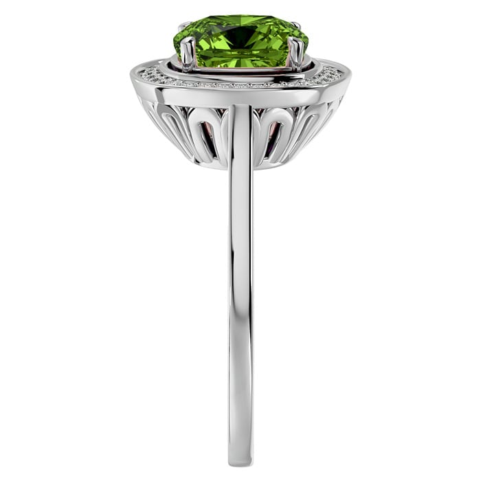 2 3/4 Carat Cushion Cut Peridot and Halo Diamond Ring In 14K White Gold