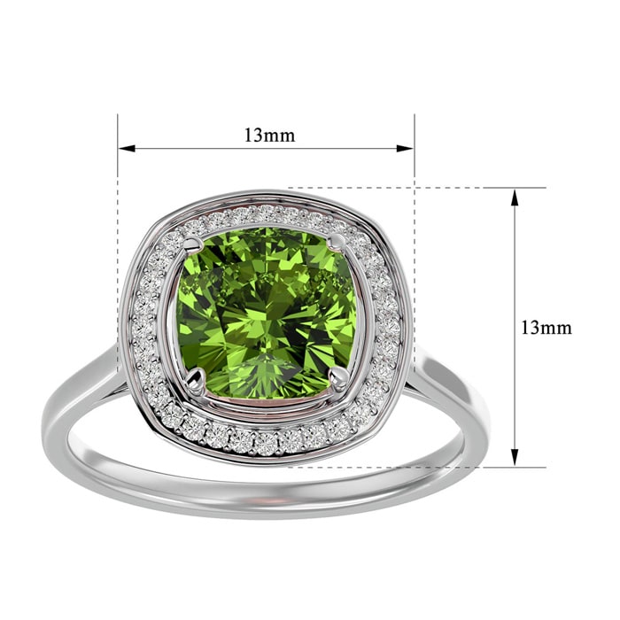 2 3/4 Carat Cushion Cut Peridot and Halo Diamond Ring In 14K White Gold