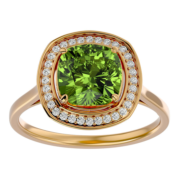 2 3/4 Carat Cushion Cut Peridot and Halo Diamond Ring In 14K Yellow Gold