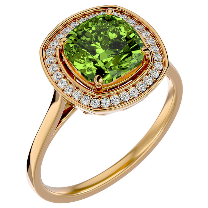 2 3/4 Carat Cushion Cut Peridot and Halo Diamond Ring In 14K Yellow Gold