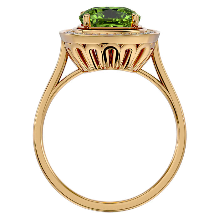 2 3/4 Carat Cushion Cut Peridot and Halo Diamond Ring In 14K Yellow Gold