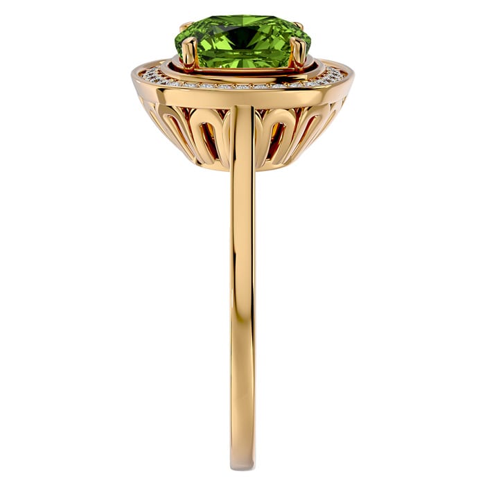 2 3/4 Carat Cushion Cut Peridot and Halo Diamond Ring In 14K Yellow Gold