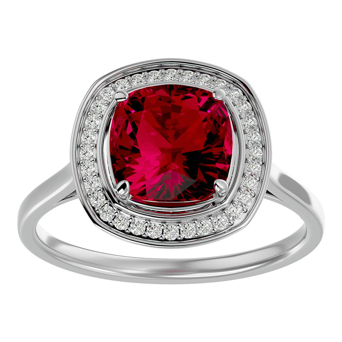 3 1/4 Carat Cushion Cut Ruby and Halo Diamond Ring In 14K White Gold