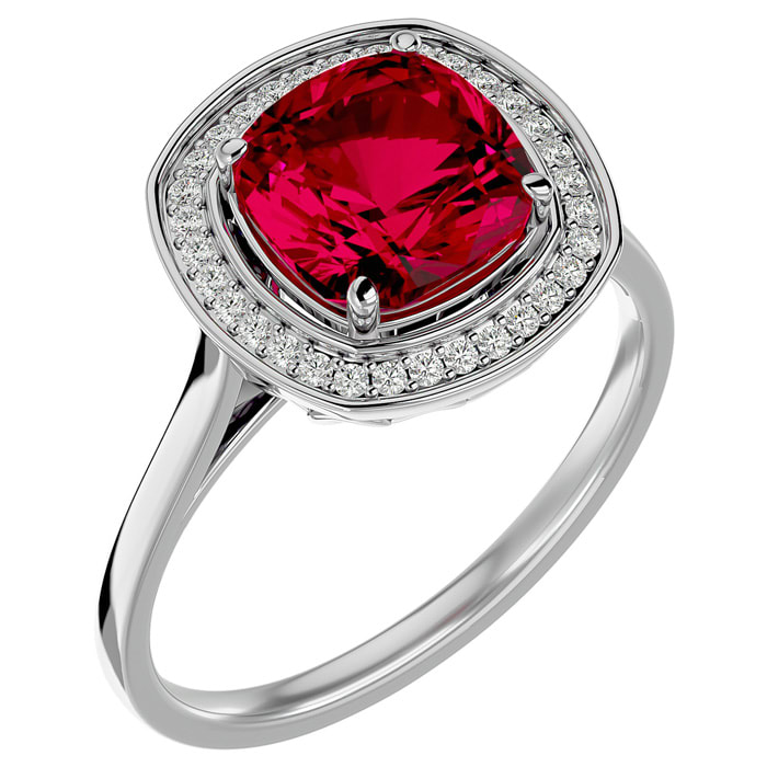 3 1/4 Carat Cushion Cut Ruby and Halo Diamond Ring In 14K White Gold