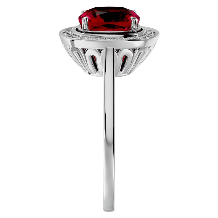 3 1/4 Carat Cushion Cut Ruby and Halo Diamond Ring In 14K White Gold
