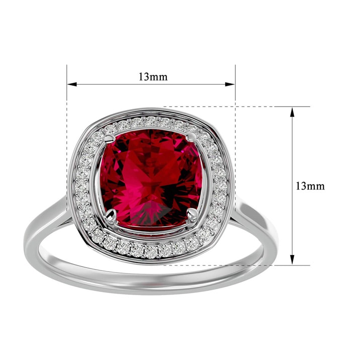 3 1/4 Carat Cushion Cut Ruby and Halo Diamond Ring In 14K White Gold
