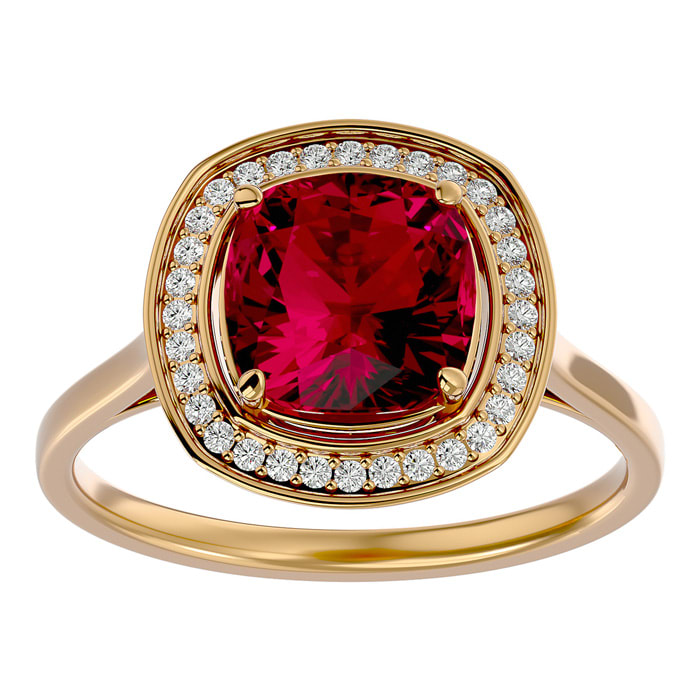 3 1/4 Carat Cushion Cut Ruby and Halo Diamond Ring In 14K Yellow Gold