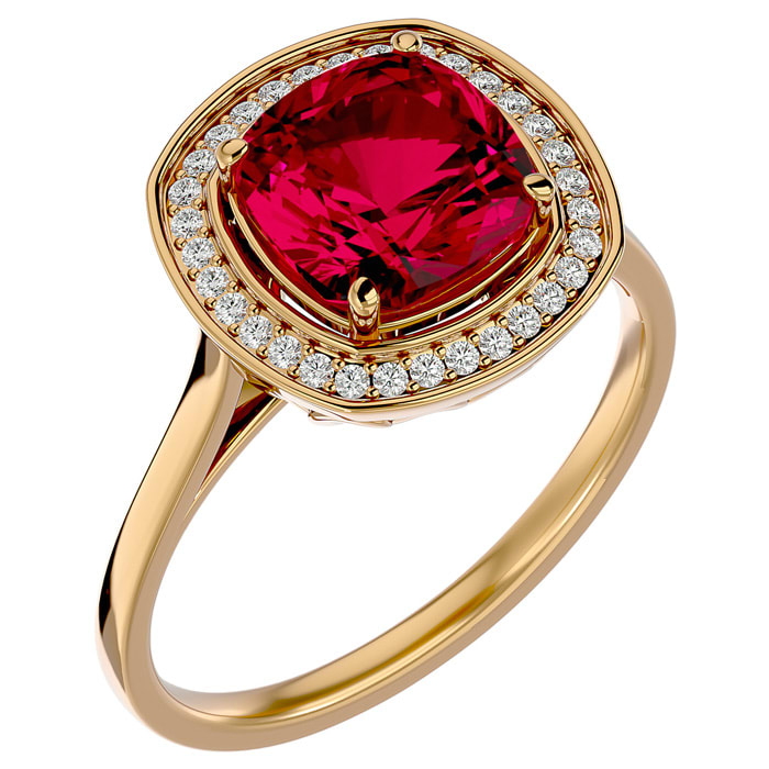 3 1/4 Carat Cushion Cut Ruby and Halo Diamond Ring In 14K Yellow Gold