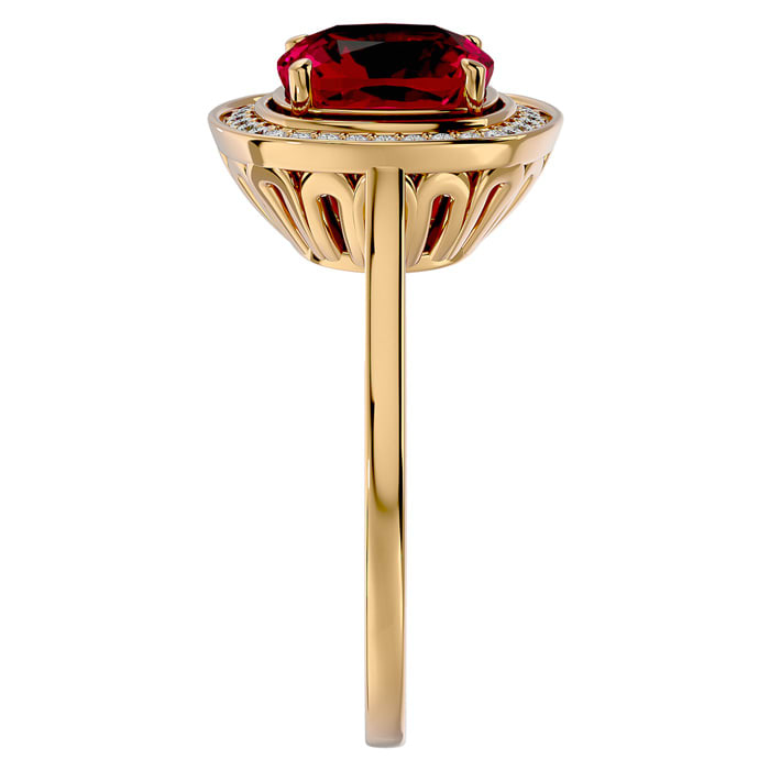 3 1/4 Carat Cushion Cut Ruby and Halo Diamond Ring In 14K Yellow Gold