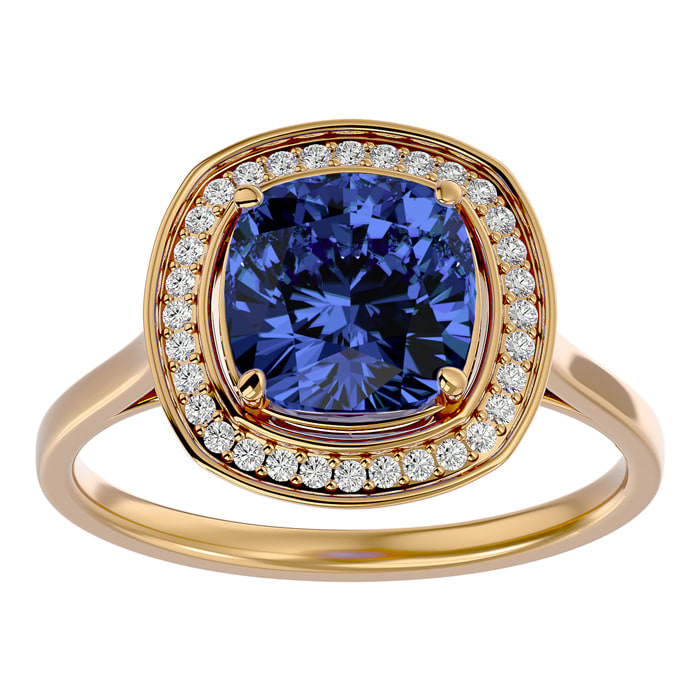 2 3/4 Carat Cushion Cut Tanzanite and Halo Diamond Ring In 14K Yellow Gold