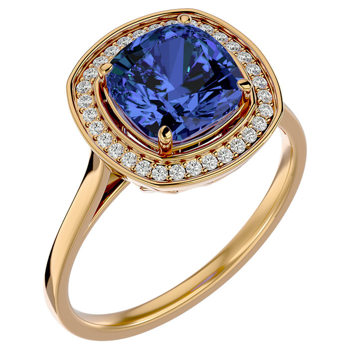 2 3/4 Carat Cushion Cut Tanzanite and Halo Diamond Ring In 14K Yellow Gold