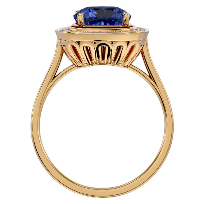 2 3/4 Carat Cushion Cut Tanzanite and Halo Diamond Ring In 14K Yellow Gold