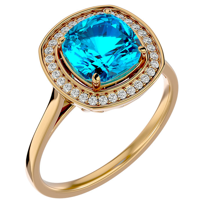 2 3/4 Carat Cushion Cut Blue Topaz and Halo Diamond Ring In 14K Yellow Gold