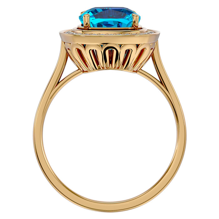 2 3/4 Carat Cushion Cut Blue Topaz and Halo Diamond Ring In 14K Yellow Gold