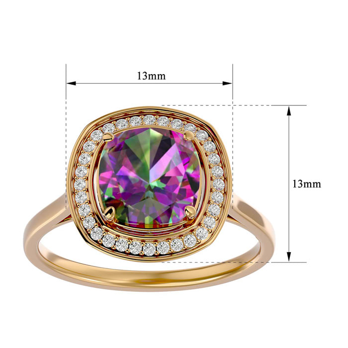 2-1/4 Carat Cushion Shape Mystic Topaz Ring With Diamond Halo In 14 Karat Yellow Gold