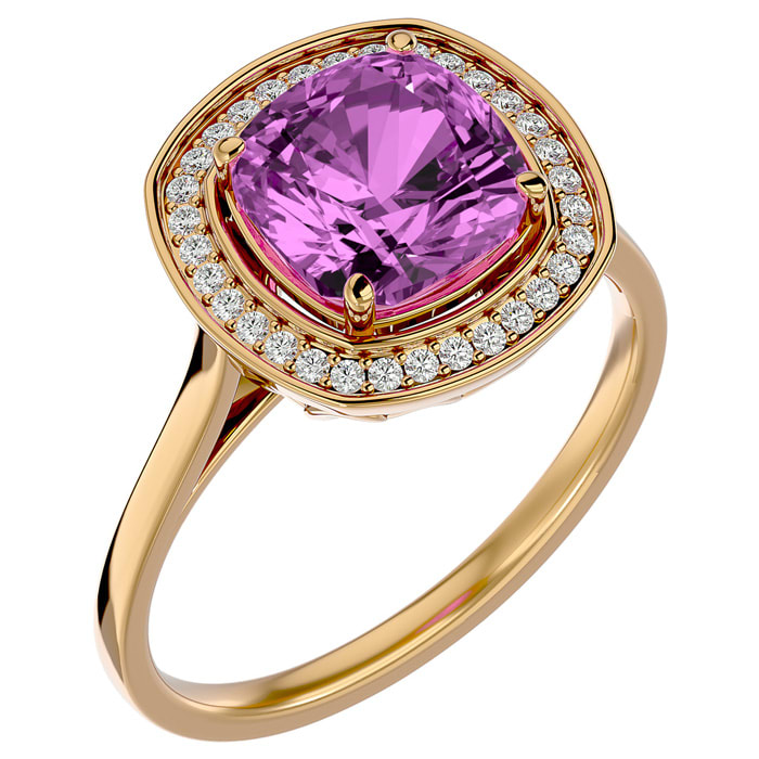 2 3/4 Carat Cushion Cut Pink Topaz and Halo Diamond Ring In 14K Yellow Gold