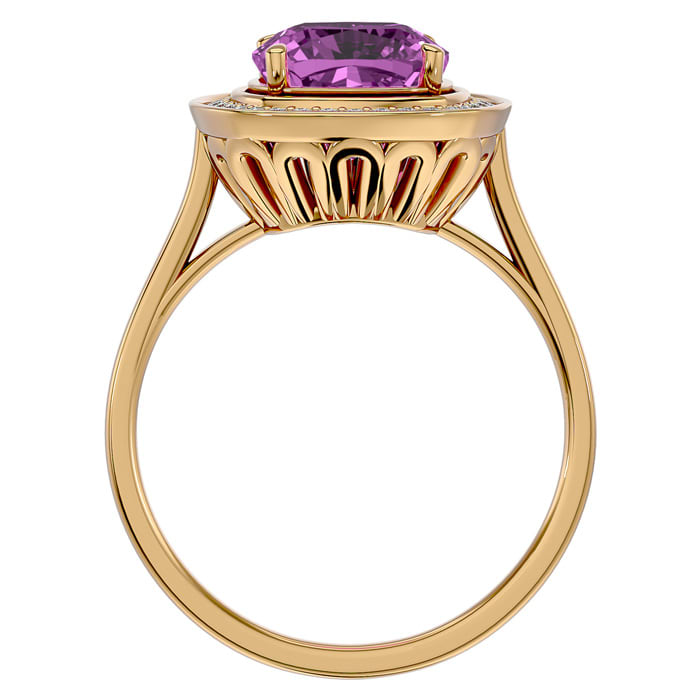 2 3/4 Carat Cushion Cut Pink Topaz and Halo Diamond Ring In 14K Yellow Gold