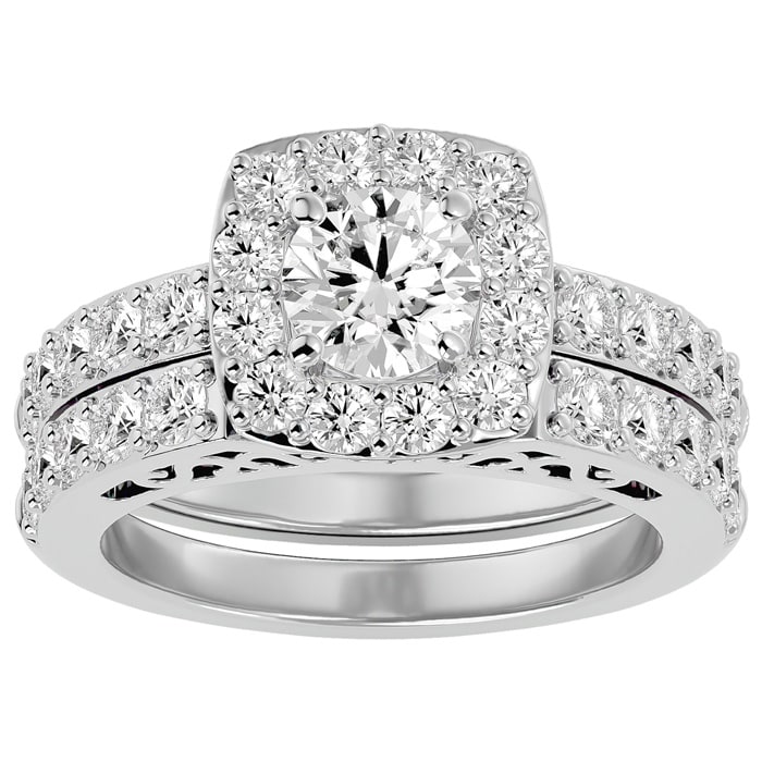 Moissanite Engagement Ring; 3 Carat Moissanite Bridal Set In 14 Karat White Gold