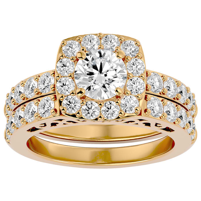 Moissanite Engagement Ring; 3 Carat Moissanite Bridal Set In 14 Karat Yellow Gold