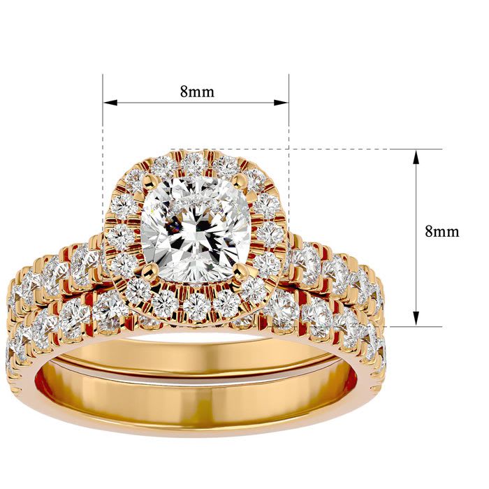 Moissanite Engagement Ring; 2 1/4 Carat Cushion Cut Moissanite Bridal Set In 14 Karat Yellow Gold