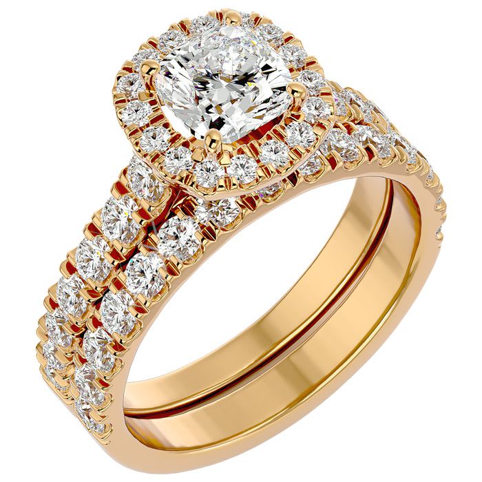2 1/4 Carat Cushion Cut Halo Diamond Bridal Set In 14 Karat Yellow Gold