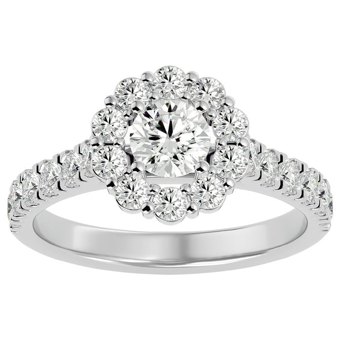 Moissanite Engagement Ring; 1 1/2 Carat Halo Moissanite Engagement Ring In 14 Karat White Gold