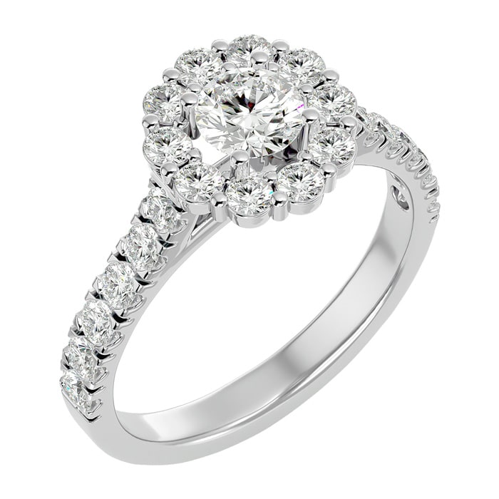 Moissanite Engagement Ring; 1 1/2 Carat Halo Moissanite Engagement Ring In 14 Karat White Gold