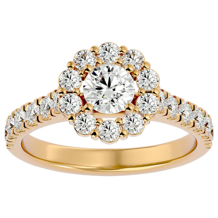 Moissanite Engagement Ring; 1 1/2 Carat Halo Moissanite Engagement Ring In 14 Karat Yellow Gold