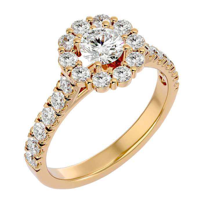 Moissanite Engagement Ring; 1 1/2 Carat Halo Moissanite Engagement Ring In 14 Karat Yellow Gold