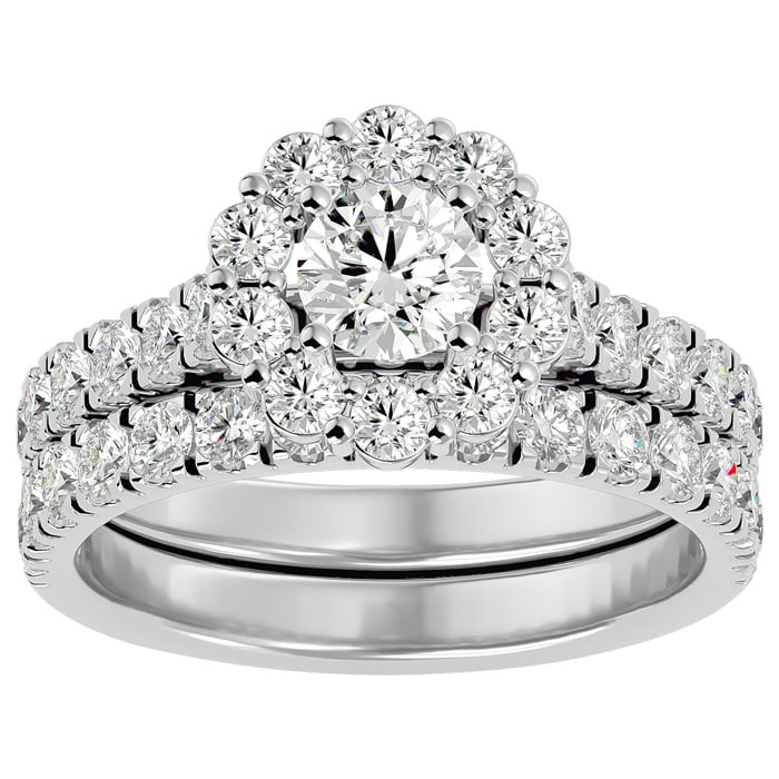 Moissanite Engagement Ring; 2 Carat Halo Moissanite Bridal Set In 14 Karat White Gold