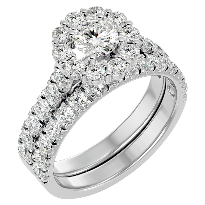 Moissanite Engagement Ring; 2 Carat Halo Moissanite Bridal Set In 14 Karat White Gold