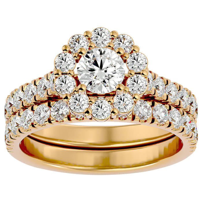 Moissanite Engagement Ring; 2 Carat Halo Moissanite Bridal Set In 14 Karat Yellow Gold