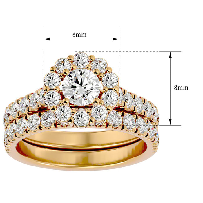 Moissanite Engagement Ring; 2 Carat Halo Moissanite Bridal Set In 14 Karat Yellow Gold